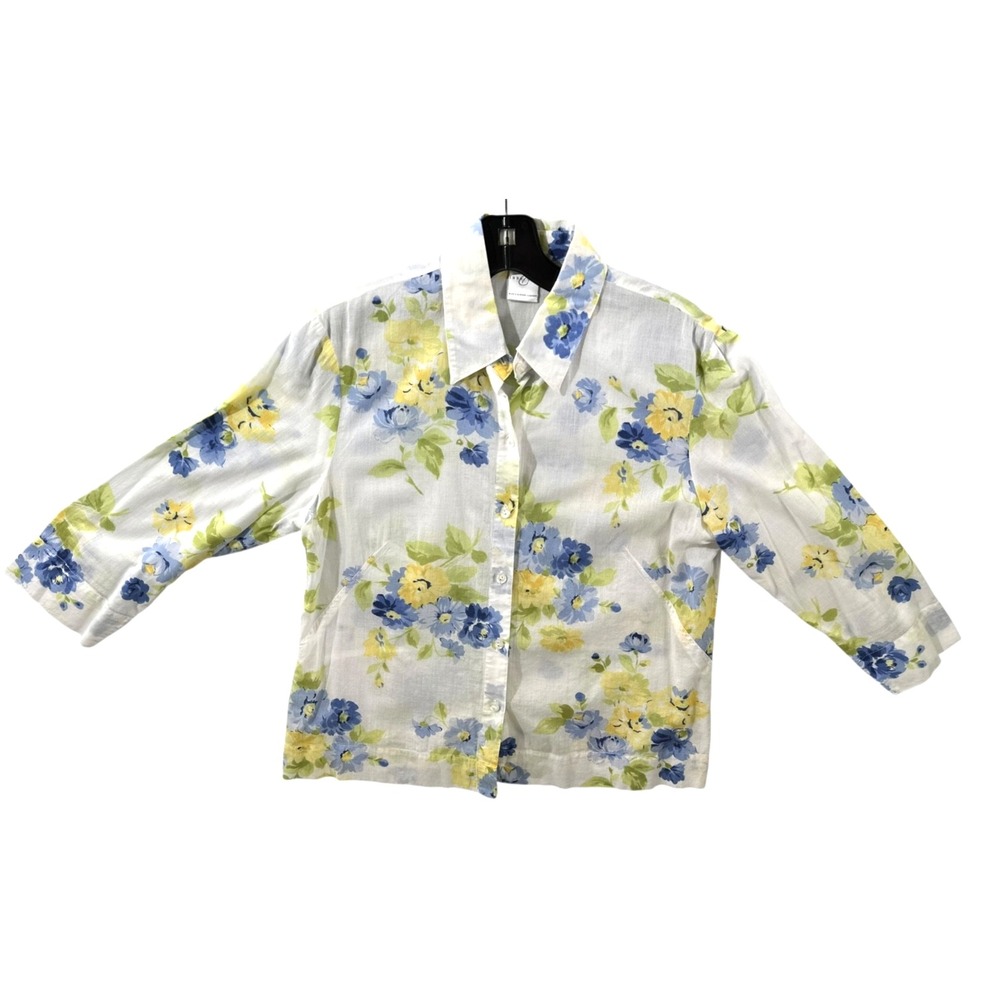 Emma James Blouse Size 10 White w Blue & Yellow Flowers 3/4 Sleeve Button-Up